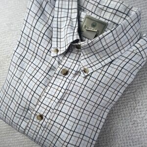 Beretta Mens Large Cotton Tattersall Check Button Down Shirt White Blue Brown